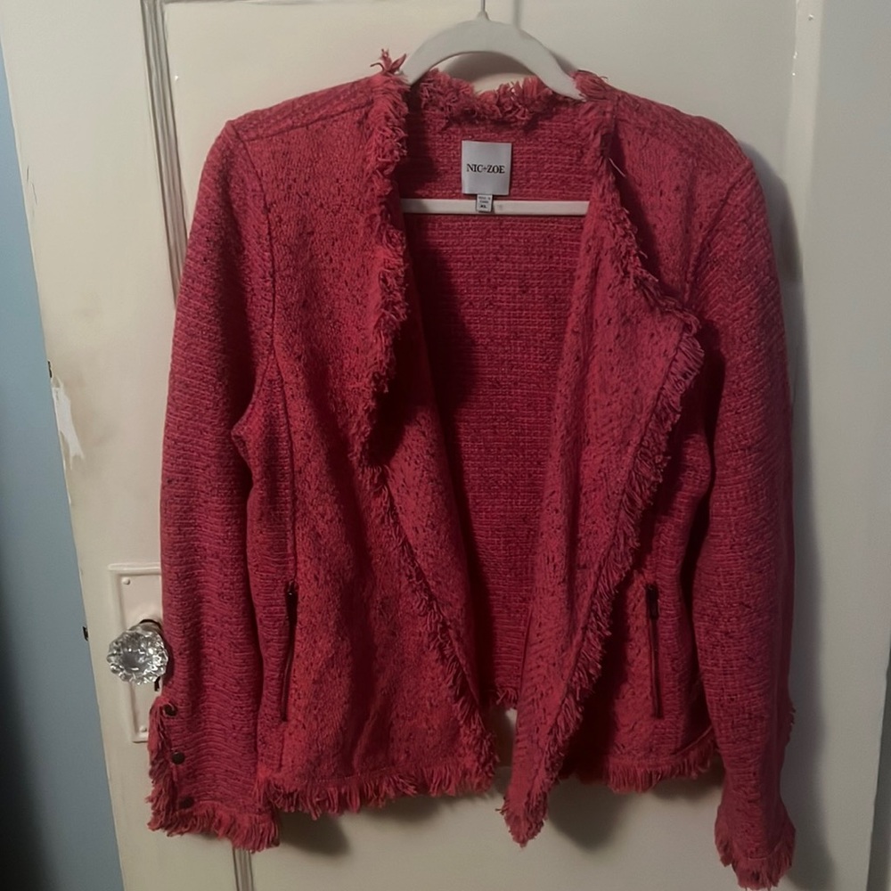 NIC+ZOE Fringe jacket with zippered pockets and metallic detail in pink sz XL